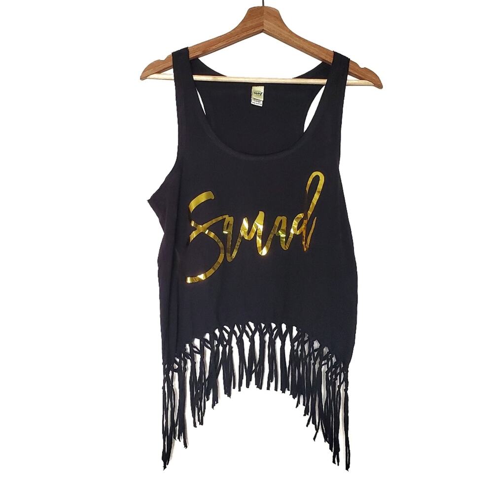 Kavio | Gold Foil "Squad" Fringe Crop Tank Top
